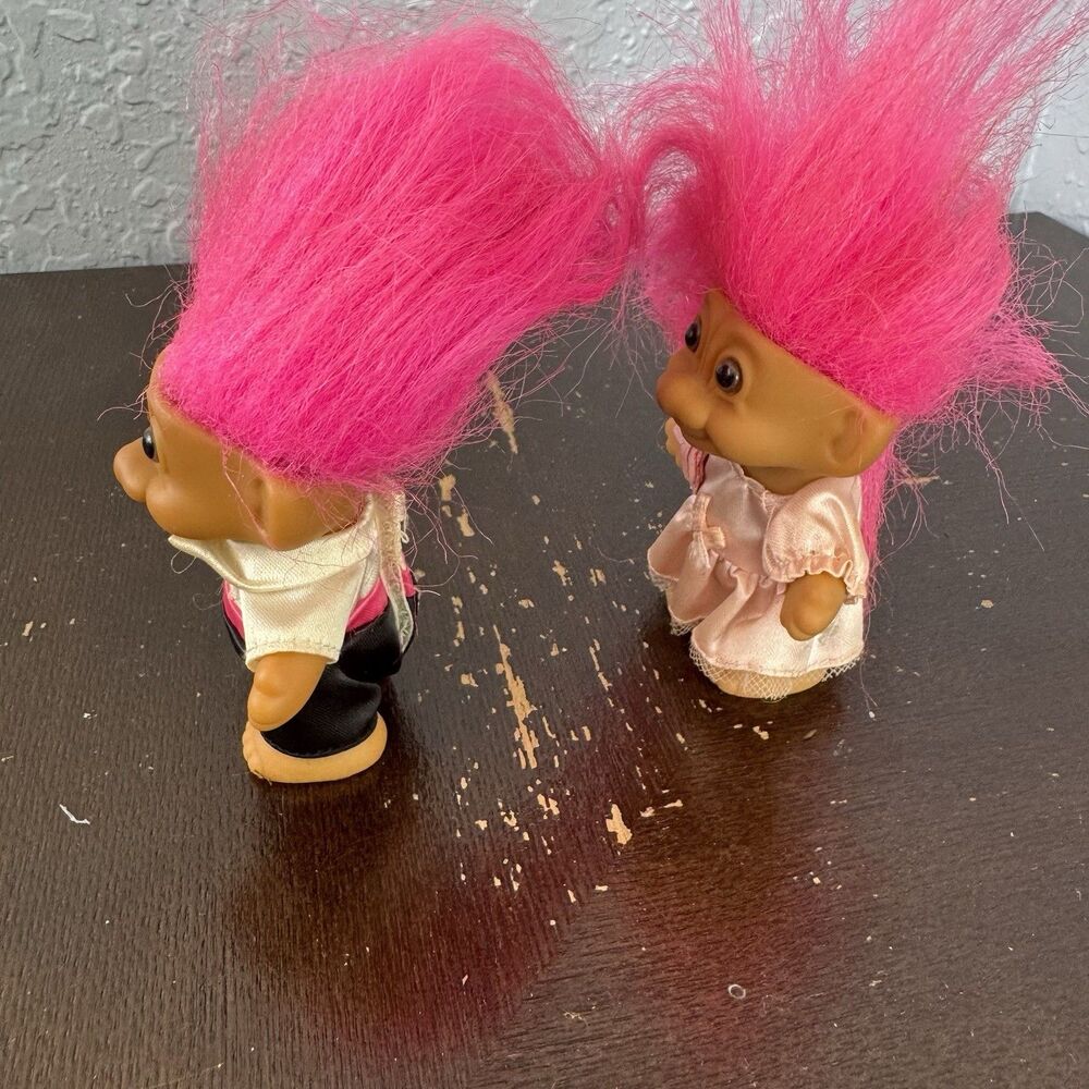Vintage Russ Troll Dolls Bride & Groom Wedding Pink Hair Lot Of 2 Small 3” - Picture 3 of 7
